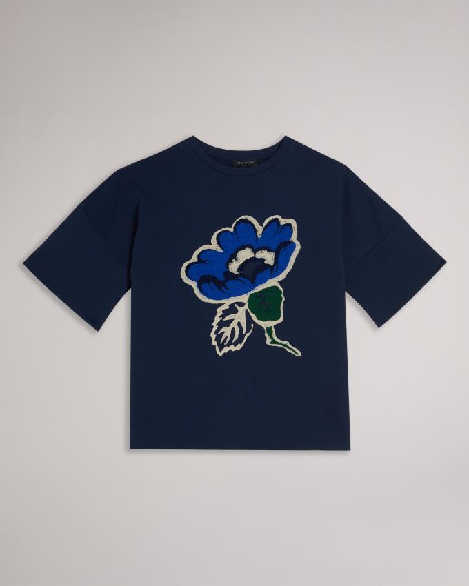 T-Shirt Ted Baker Boxy With Appliqué Flower Bleu Marine Femme | REC-03126571